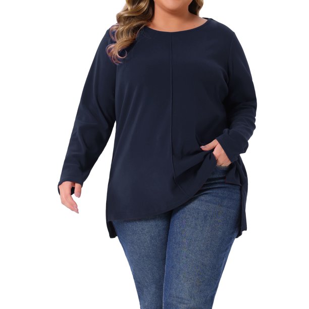 Agnes Orinda Ropa de Halloween para Mujeres de Talla Grande Camisetas Costuras Expuestas Abertura Lateral Dobladillo Alto Bajo Blusas Cuello Redondo Manga Larga Camiseta Casual 2X Azul Oscuro