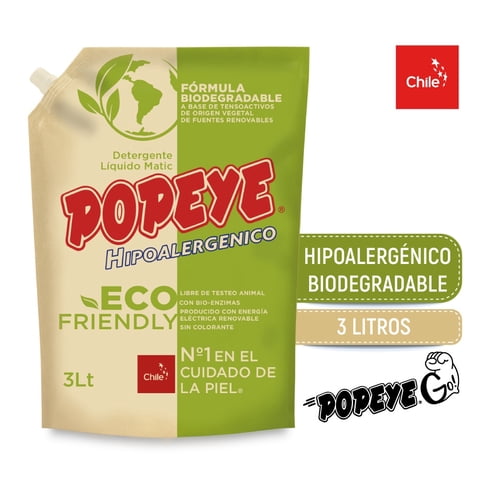 Detergente Líquido Popeye Ecofriendly Matic Doypack 3 Lt