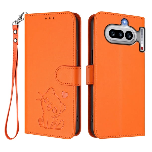 Funda Billetera con Relieve de Gato para Nothing Phone 4A, Naranja