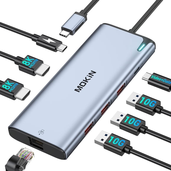Hub USB-C MOKiN 8 en 1 con doble HDMI 8K, Ethernet y PD de 100 W