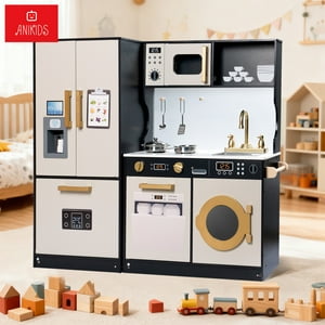 Anikids - Cocina De Juguete Infantil De Madera Extra Grande 100X89Cm Negro Con Crema