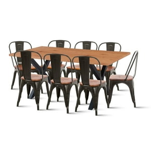 Klik Muebles - Mesa Color Madera Y Metal Cross 180X90 + 8 Sillas Tolix Con Asiento De Madera - Negras