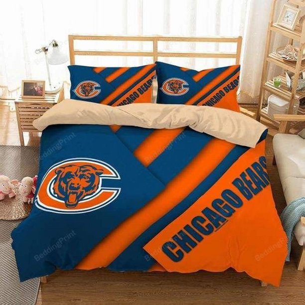 Chicago Bears Iconic Logo Blue Orange Quilt Duvet Cover Set Comforter Cover3-Piece Bedding Set
