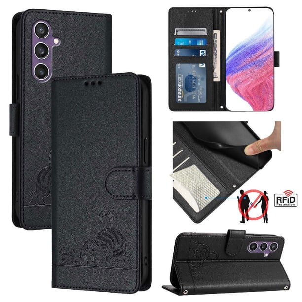 Funda tipo cartera FOXDOCK para Samsung Galaxy S24 Plus con soporte, ranuras, RFID, diseño de gato