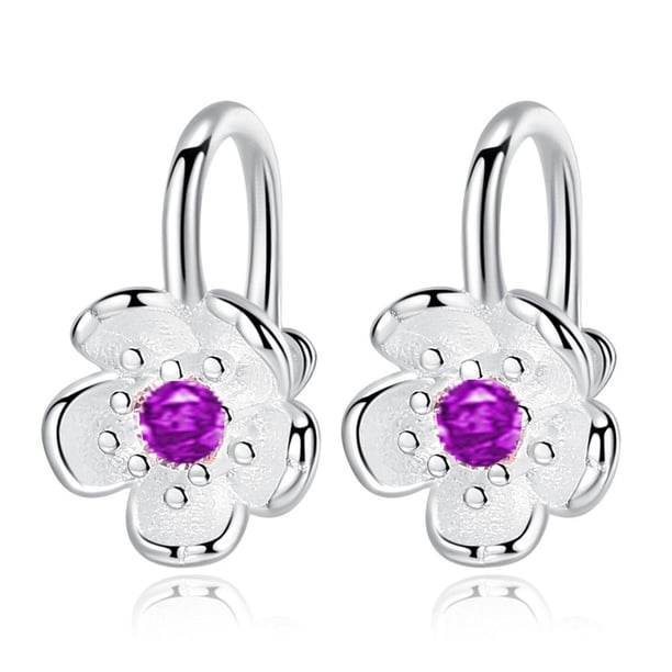 Lindos Aros Plata 925 Clip Flores Cerezo Rosa Purpura Joyas purpura Talla única