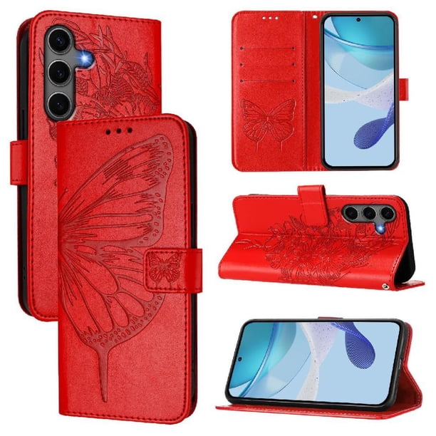 Funda Cartera Mariposa Para Samsung Galaxy S24 Plus Con Soporte Y Ranuras Para Tarjetas Rojo