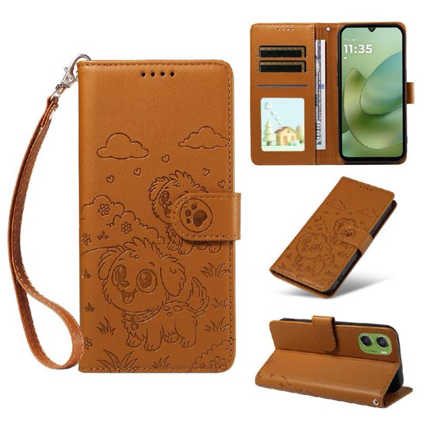 Funda Cartera para Motorola Moto G06 Perro Cachorro Grabado con Tarjetas Soporte Correa Marrón