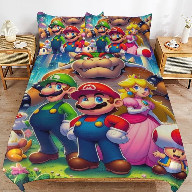 Super Mario 3-Piece Comforter Set for Bedroom Super Mario Bedding Set for Kids Adults Soft Microfiber Duvet Cover Set with Zipper Closure