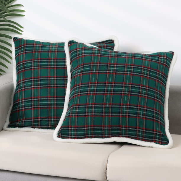 REGALWOVEN 2 Paquete de Fundas de Cojín a Cuadros, Fundas de Cojín Decorativas a Cuadros de Doble Cara Verde 18" x 18"