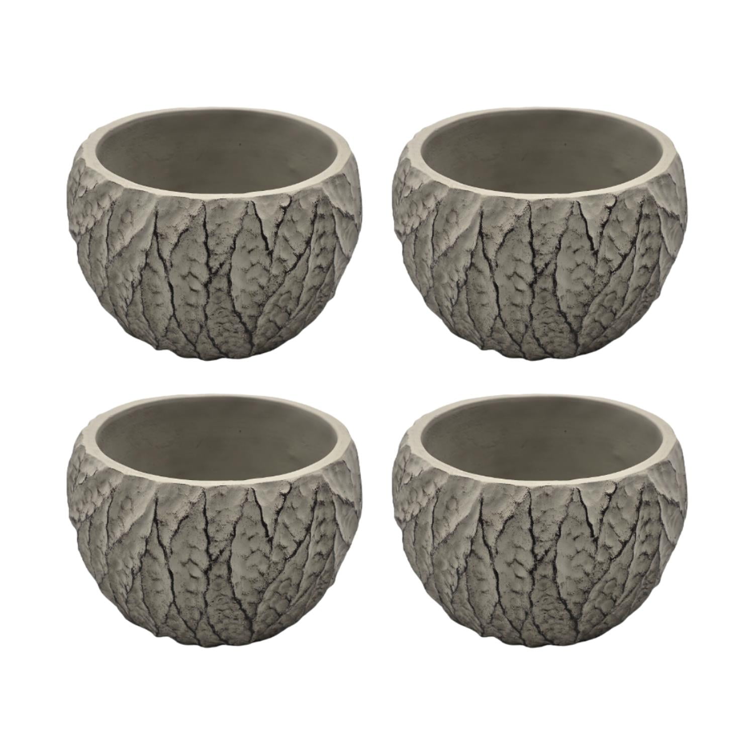 Fliperex - Set 4 Macetero Maceta Acabado Cemento Relieve Hojas Gris S