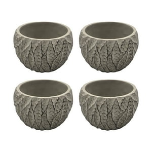 Fliperex - Set 4 Macetero Maceta Acabado Cemento Relieve Hojas Gris S Gris