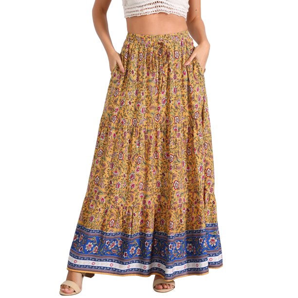 INSPIRE CHIC Faldas Boho para Mujer Estampado Floral Primavera Verano Cintura Elástica Faldas Maxi Casual XS Amarillo