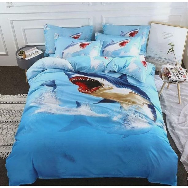 Cartoon Shark Blue Quilt Duvet Cover Set Bedspread Double Soft Pillowcase3-Piece Bedding Set