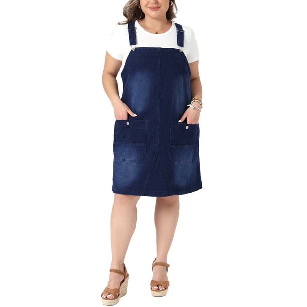 Vestido de Mezclilla con Tirantes Ajustables para Mujer de Talla Grande de Agnes Orinda, Estilo Universitario, Casual de Verano, Midi, con Bolsillos, 2X Azul Oscuro