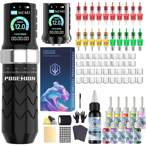 Kit de pistola de tatuaje POSEIDON, bolígrafo de tatuaje inalámbrico con 2 baterías