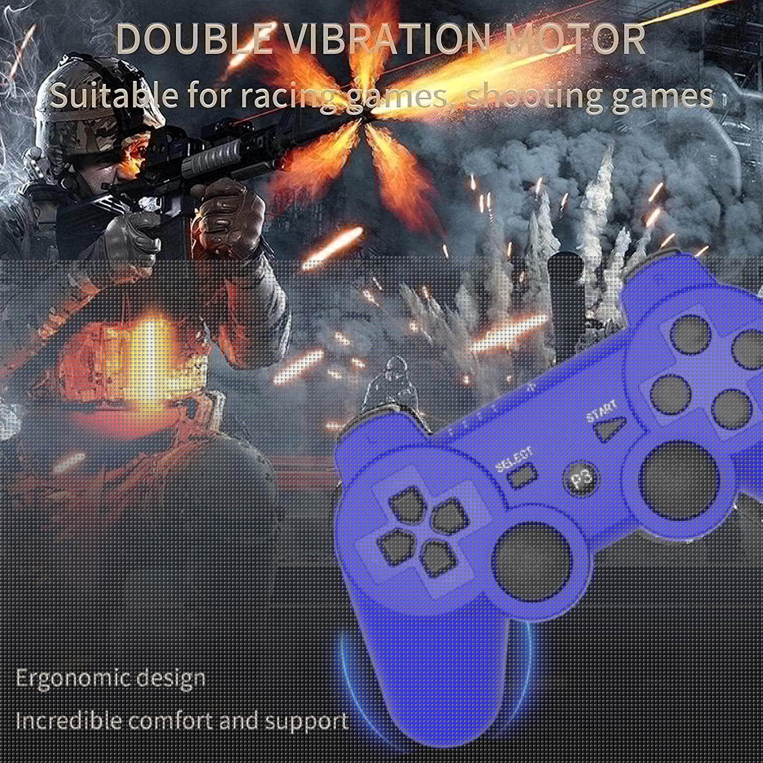 thumbnail image 3 of Controlador de juegos inalámbrico de 2 paquetes para PlayStation 3 con doble vibración y sensor de movimiento, control remoto recargable, 3 of 6