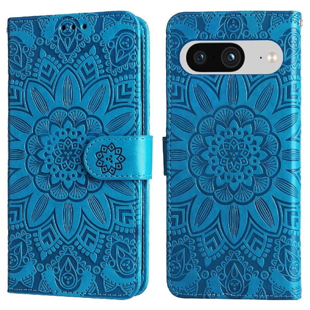 Funda tipo cartera FOXDOCK para Google Pixel 8 , diseño girasol en relieve, cuero PU, cierre magnético, soporte y tarjetero