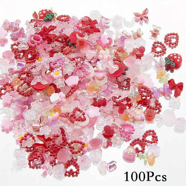 100 pcs Sparkling Acrylic Nail Charms - Butterfly, Bear, Flower, Heart, Crown, Starry AB Rhinestones - Perfect for Nail Art and DIY Manicures
