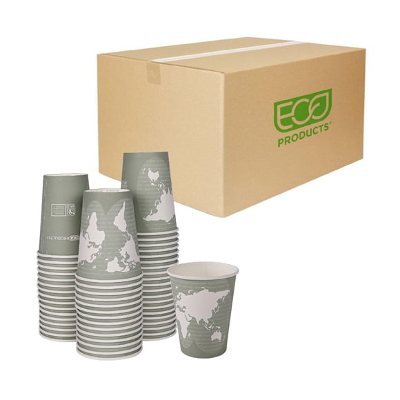 Tazas de café grandes desechables compostables World Art de 12 oz, caja de 1000 unidades, vaso de papel caliente renovable, forro de PLA a base de plantas, codificado por colores