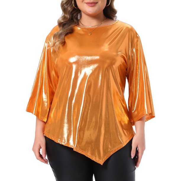 Agnes Orinda Conjuntos de Halloween para Mujeres Tallas Grandes Top Metálico Brillante Cuello Redondo Manga 3/4 Acampanada Dobladillo Asimétrico Blusa para Fiesta 2X Naranja