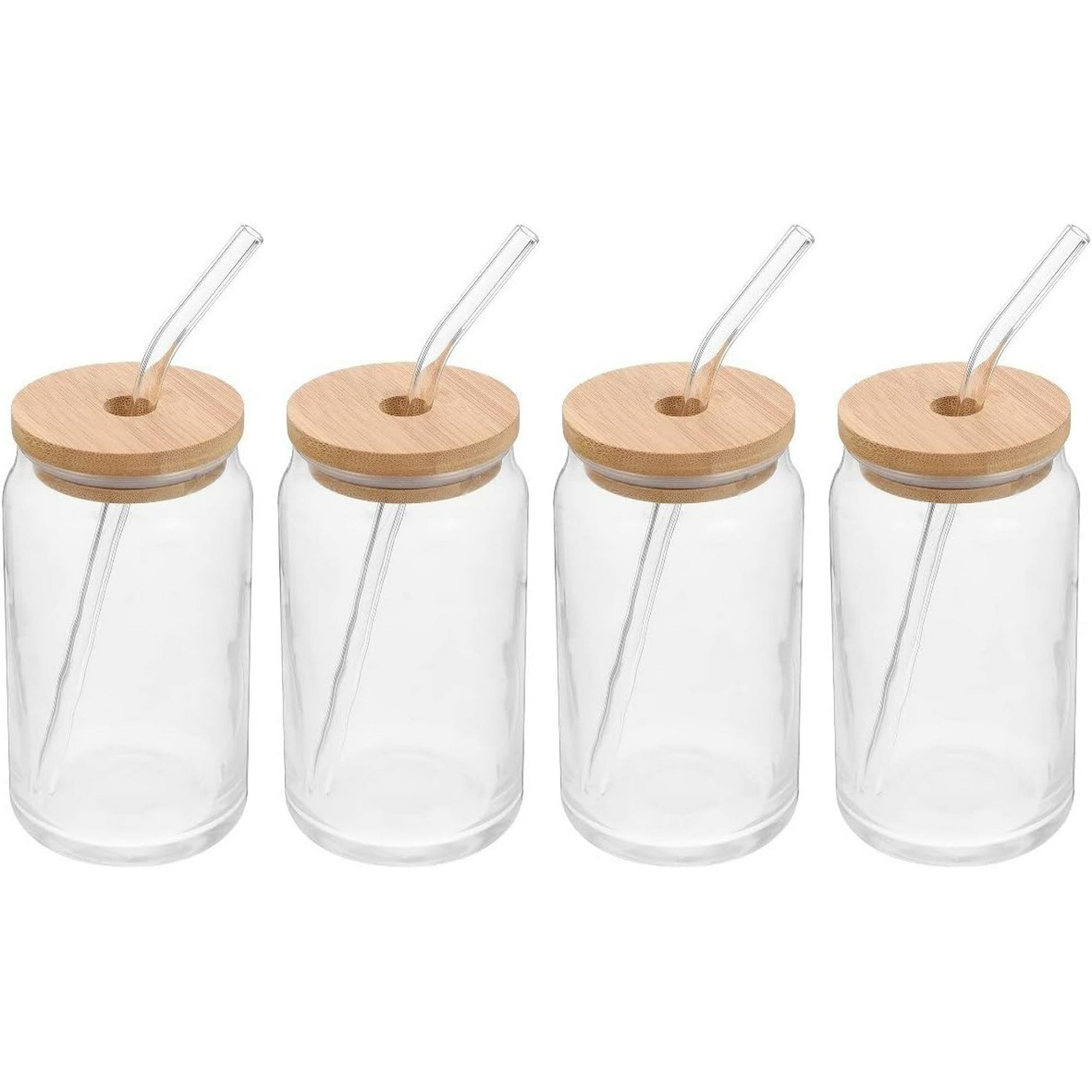 Wakeshome - Pack De 4 Vasos Lata De Vidrio Con Tapa De Bambú Y Bombilla 550ml
