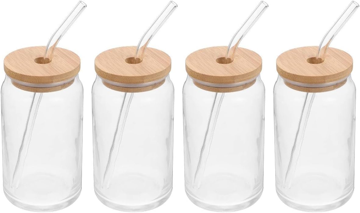 Wakeshome - Pack De 4 Vasos Lata De Vidrio Con Tapa De Bambú Y Bombilla 550Ml