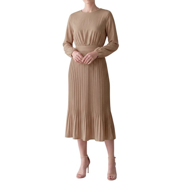 INSPIRE CHIC Vestido de Mujer con Mangas Largas de Linterna, Cuello Redondo, Cintura Alta, Vestido Midi, Talla Mediana, Caqui