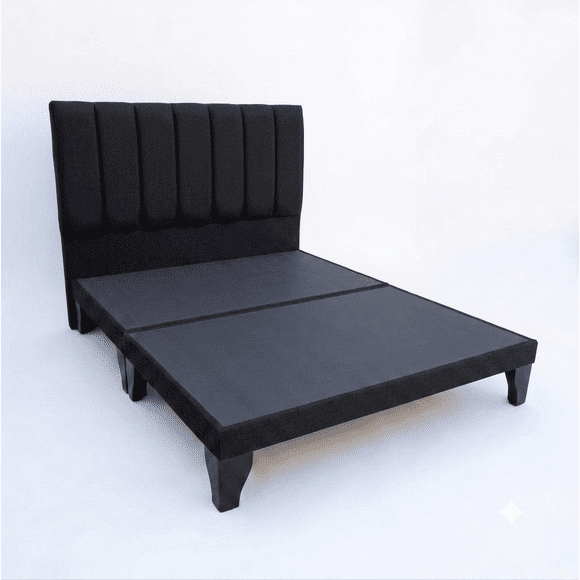 Cama europea 2 plazas de 150x190 con respaldo de rayas Lino negro y bases divididas