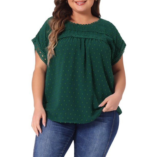 Agnes Orinda Blusas de Tallas Grandes para Mujer Chiffón con Lunares Suizos Mangas Cortas Encaje Crochet Blusa Plisada 6X Verde Oscuro