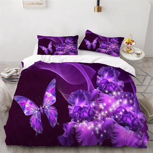 Butterfly Duvet Cover Set Galaxy Purple Butterfly Floral Printed Bedding Set Fantasy Theme Comforter Cover For Girl