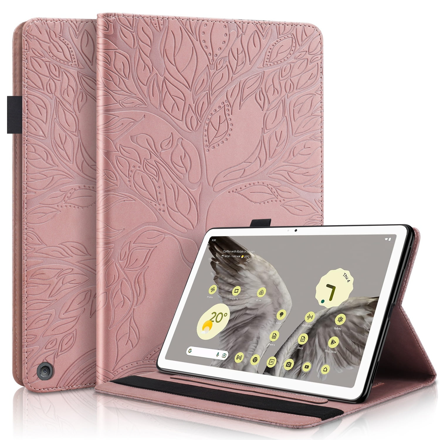 Foxdock - Funda Con Relieve Del Árbol De La Vida Para Tablet Google Pixel Tablet Con Soporte, Ranuras Para Tarjetas Y Soporte Para Lápiz Óptico. Oro