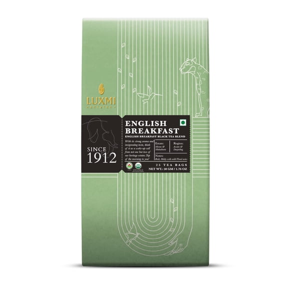 Luxmi Estates Relato de Dos Fincas – Té Orgánico English Breakfast (25 sobres) con cafeína para un impulso matutino y energía natural, con té negro orgánico certificado de Darjeeling y Assam