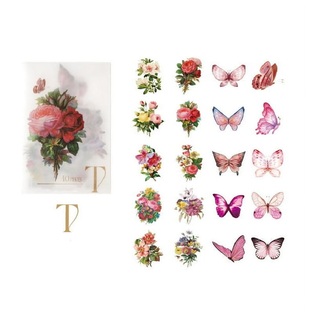 40pcs/pack Vintage Flower Butterfly Decorative PET Stickers for Plant Handbook, Scrapbooking, Journal Planner - Add a Touch of Beauty to Your Projects