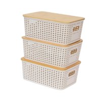 Magideal - 3 Contenedores De Almacenamiento Con Tapas De Bambú Y Asas, Cestas Organizadoras Apilables Modernas Para Decoración De Cocina, Dormitorio Y Estilo Rús Blanco