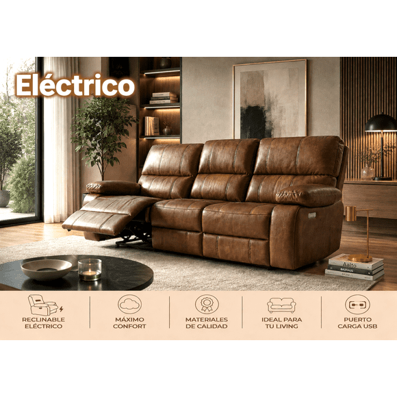 Sofa Reclinable Electrico Relaxline 3 Cuerpos Vintage Cafe Usb