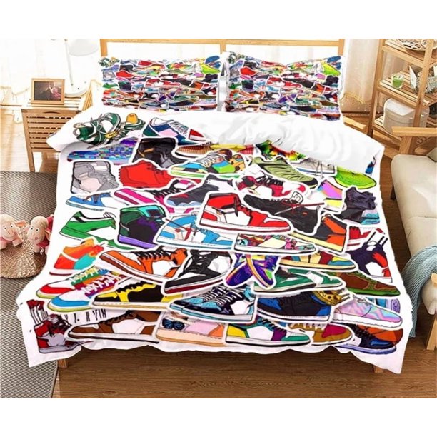 v2718 Bed Sheets Basketball Shoes Pattern Duvet Cover Set Bedding for Adult Kids Bed Set Comforter Cover Bedding Set with Pillowcase Pieces 3-Piece Bedding Set (1 Duvet Cover + 2 Pillow Shams) Bed Sh