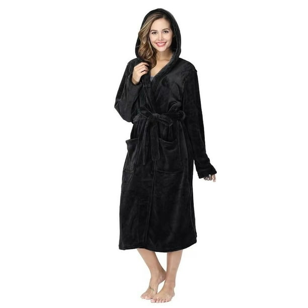 Bata De Baño Con Capucha Para Mujer De Invierno Grueso Cálido Negro