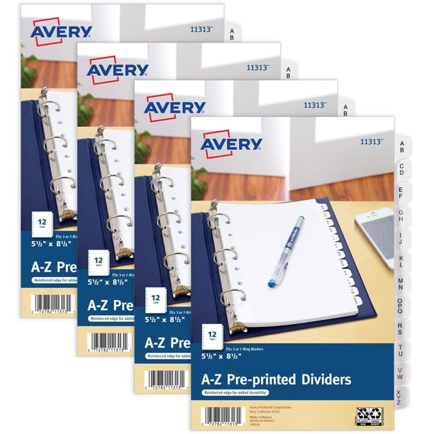 Separadores de carpetas Avery A-Z Mini 12 tabulaciones/juego de 8.5 x 5.5 pulgadas, 4 juegos