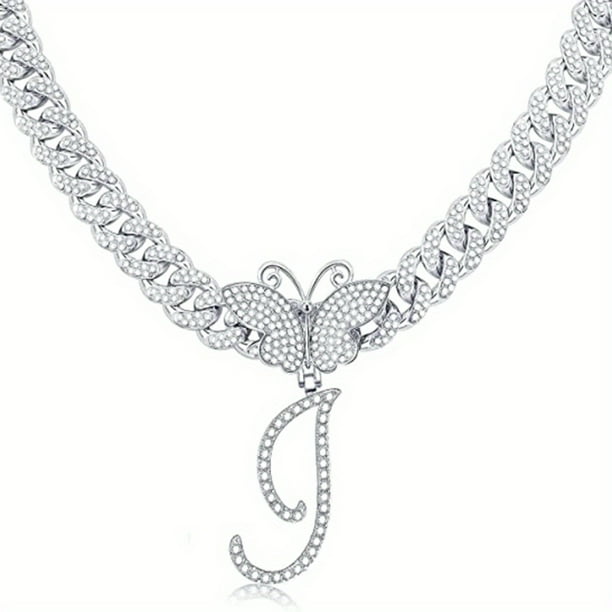 Stylish Hip Hop Cuban Butterfly Necklace with White Letter Initials