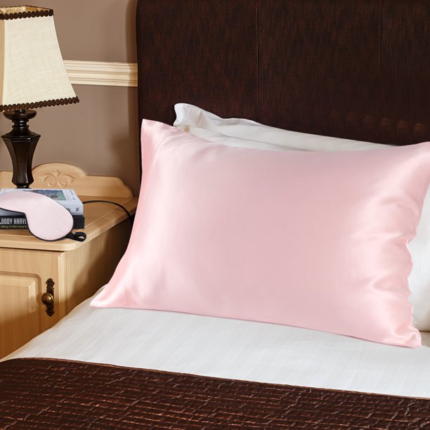 Juego de Funda de Almohada de Seda PiccoCasa 19 Momme con Antifaz Estándar Rosa