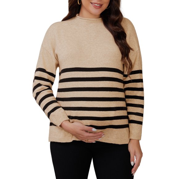 Tops de suéter de maternidad para mujeres, camisetas de manga larga con abertura lateral, rayas acanaladas, cuello simulado, jersey de embarazo M marrón