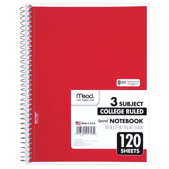 Cuaderno Mead de 3 materias, rayado college, 120 hojas, 27 x 20 cm