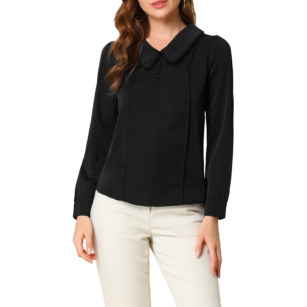 INSPIRE CHIC Blusa de Mujer con Cuello Peter Pan, Abertura en la Espalda con Botón Decorativo, Manga Larga, Talla M, Negro