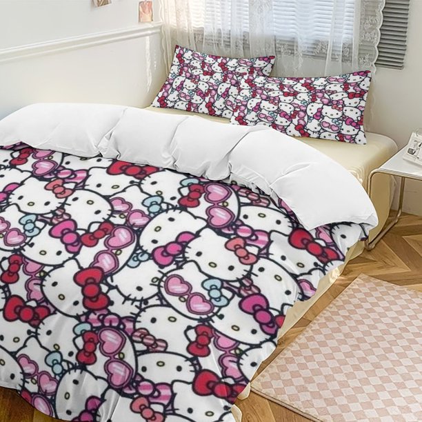 Cute Hello Kitty Thickened Three-piece Bed Set Cartoon Pillowcase Anime Quilt Cover Bedroom Hotel Theme House Vacation Home Holiday Anniversary Gift