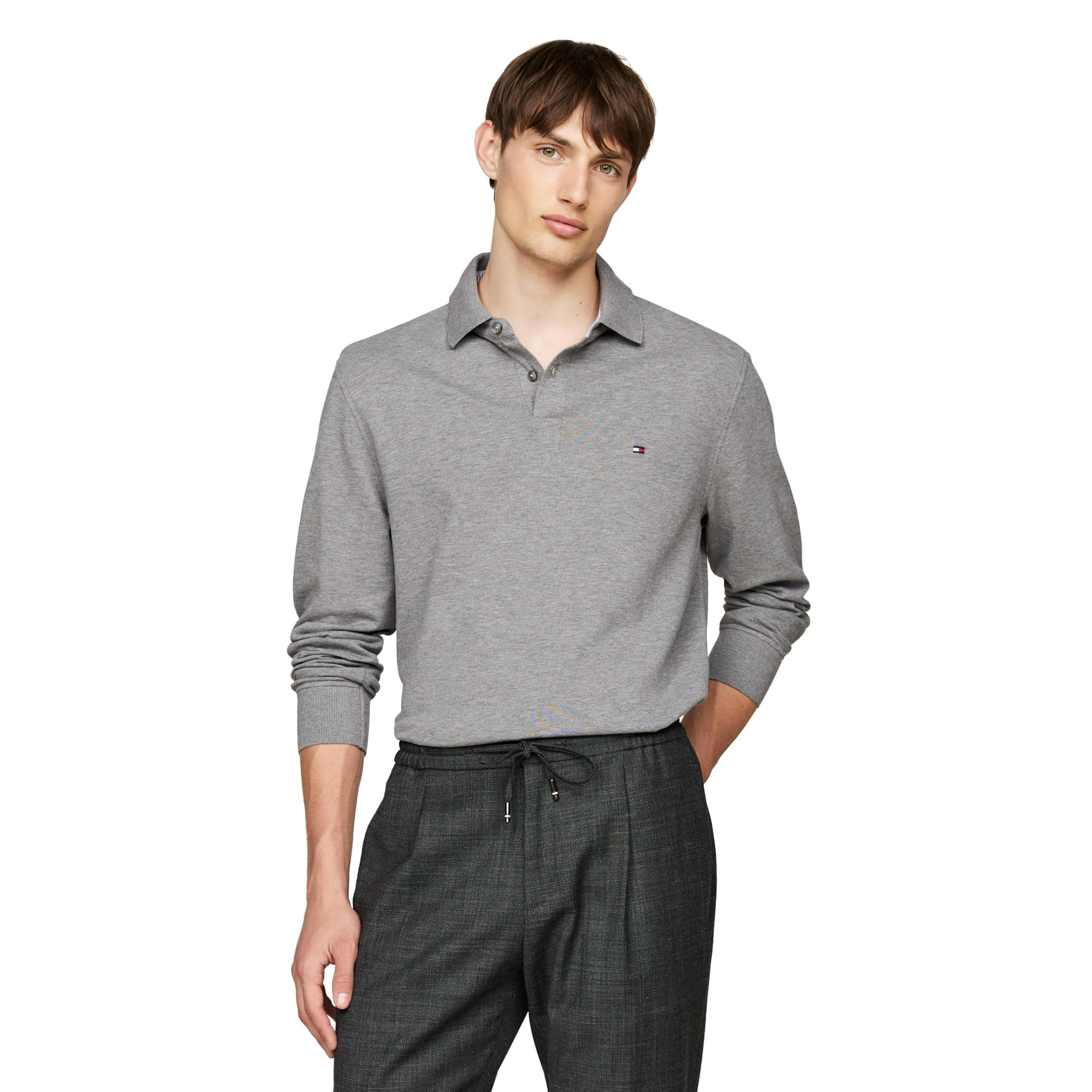 Polo Tommy Hilfiger De Manga Larga Para Hombre, Corte Regular, Gris