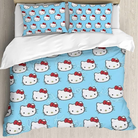 Hello Cat Kitty 3 Piece Twin Bed Set - Includes Comforter & Pillowcases - Bedding Features Anime Cats - Super Soft Fade Resistant Microfiber
