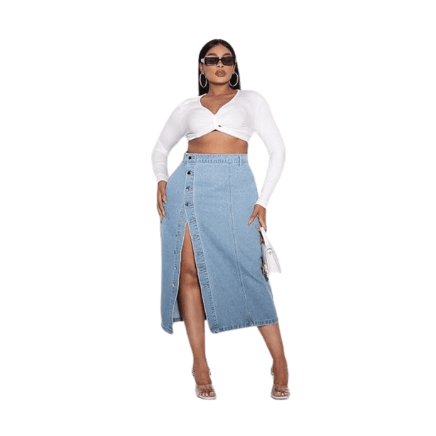 Falda Larga Jeans Mezclilla Botones Delantero Tiro Alto