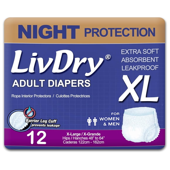Pañales para adultos Overnight LivDry XL para mujeres y hombres, paquete de 12