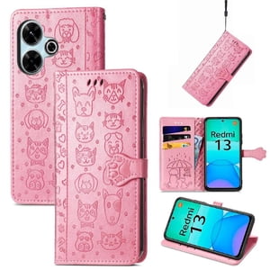Funda Cartera Foxdock Para Xiaomi Redmi 13 4G , Flip Pu Con Relieve De Gatos Y Perros, Tarjetero Y Soporte