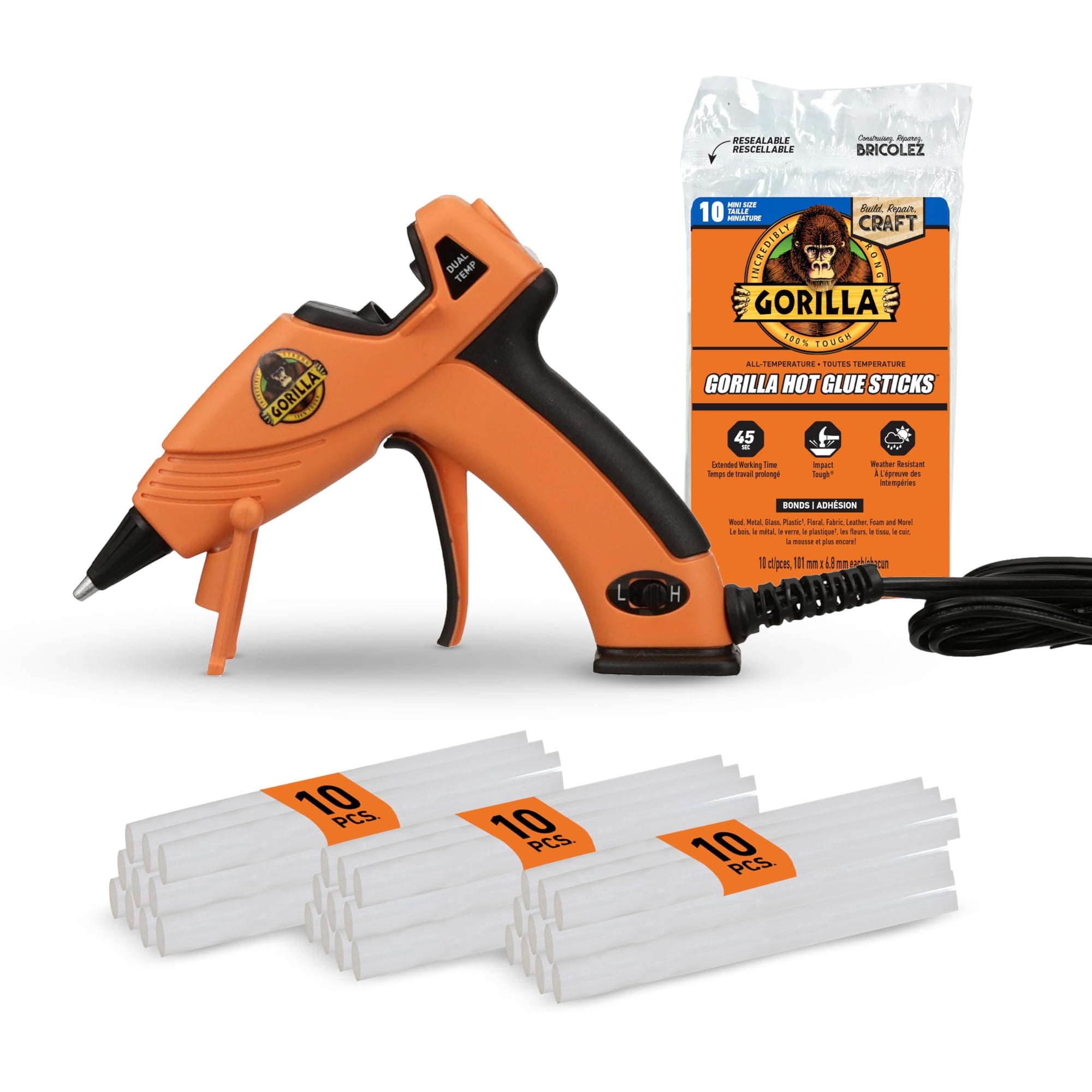Kit De Pistola De Pegamento Caliente Gorilla Mini Dual Temp Con 30 Varillas